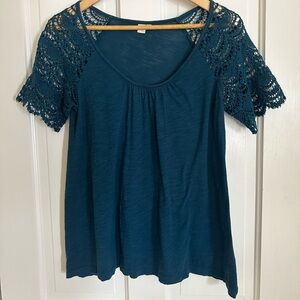 Anthropologie - E by Eloise blue blouse with crochet sleeves